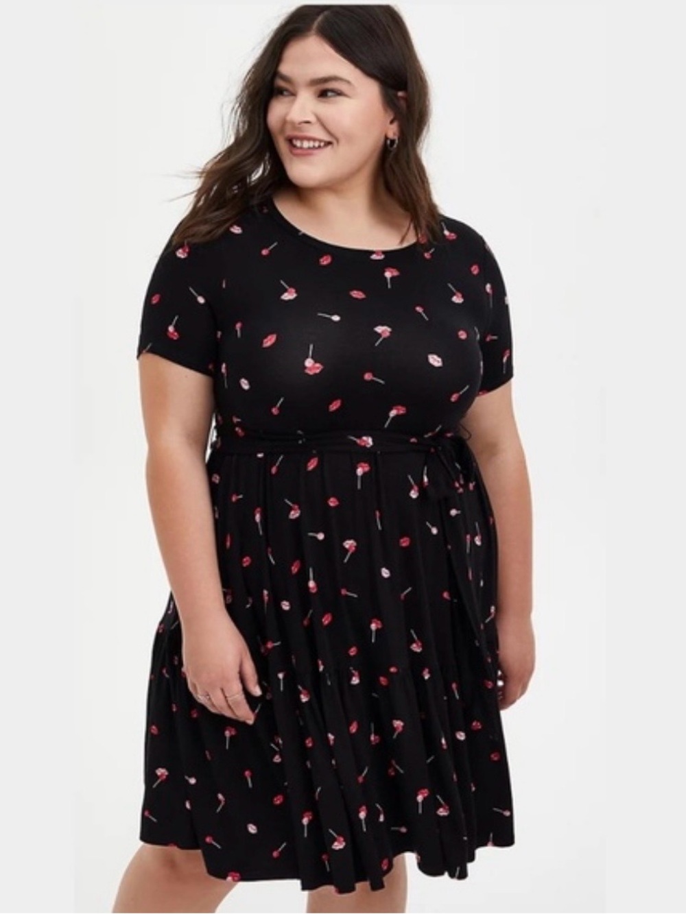 Torrid super soft 1  Black Fit-&-Flare Midi Dress with Red Floral Motif